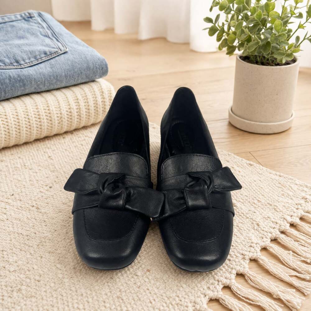 Børn Carrine Black Leather Bow Loafers Square Toe Slip-On Comfort 7